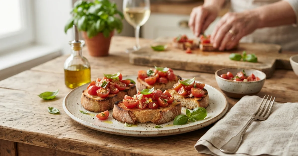 Bruschetta italiana: entrada simples com pão, tomate, azeite e criatividade