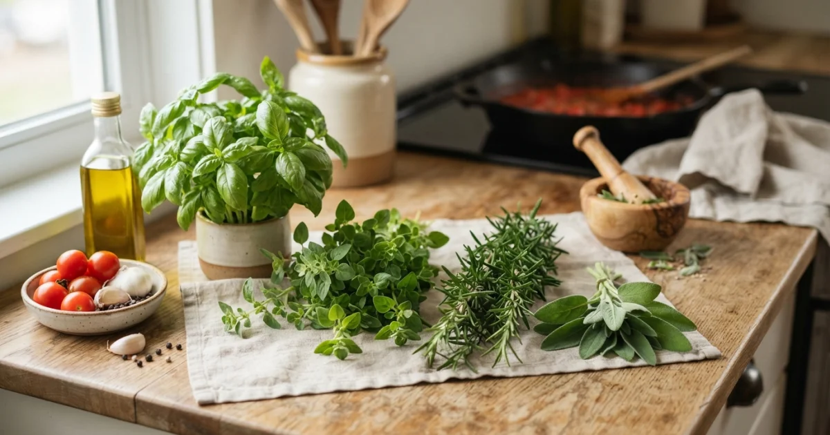 Ervas italianas: manjericão, orégano, alecrim e sálvia na cozinha caseira