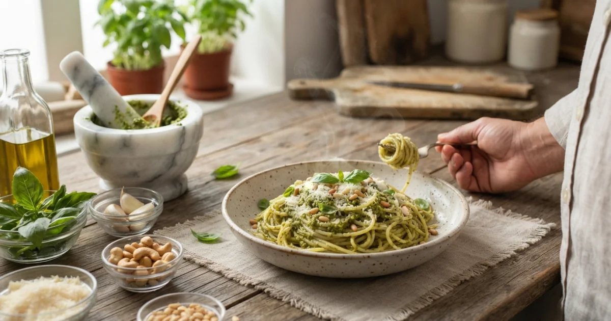 Pesto genovês e variações brasileiras: como usar sem esconder o sabor da massa